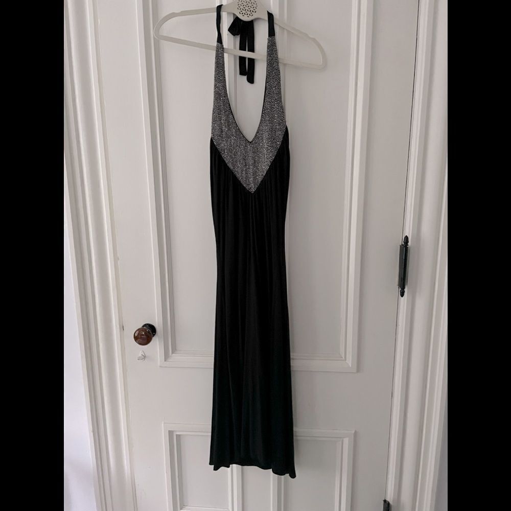 NWT black/silver bead Express halter maxi dress XS